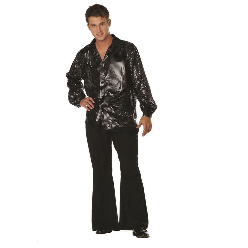 Camisa de lantejoulas pretas Costume RG Costumes 70s Disco Inferno