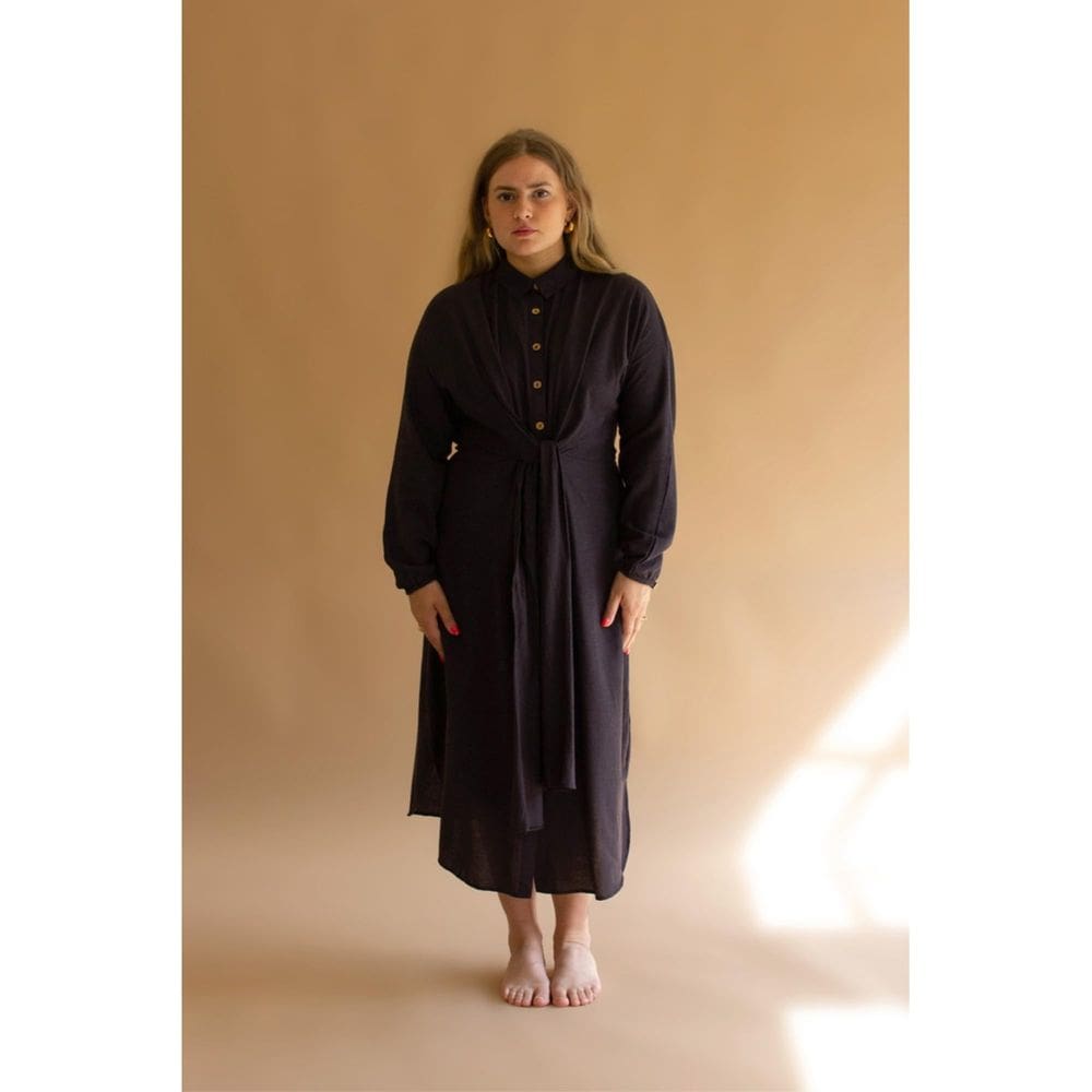 Vestido KALALOU de manga comprida com botão e gravata frontal à meia-noite