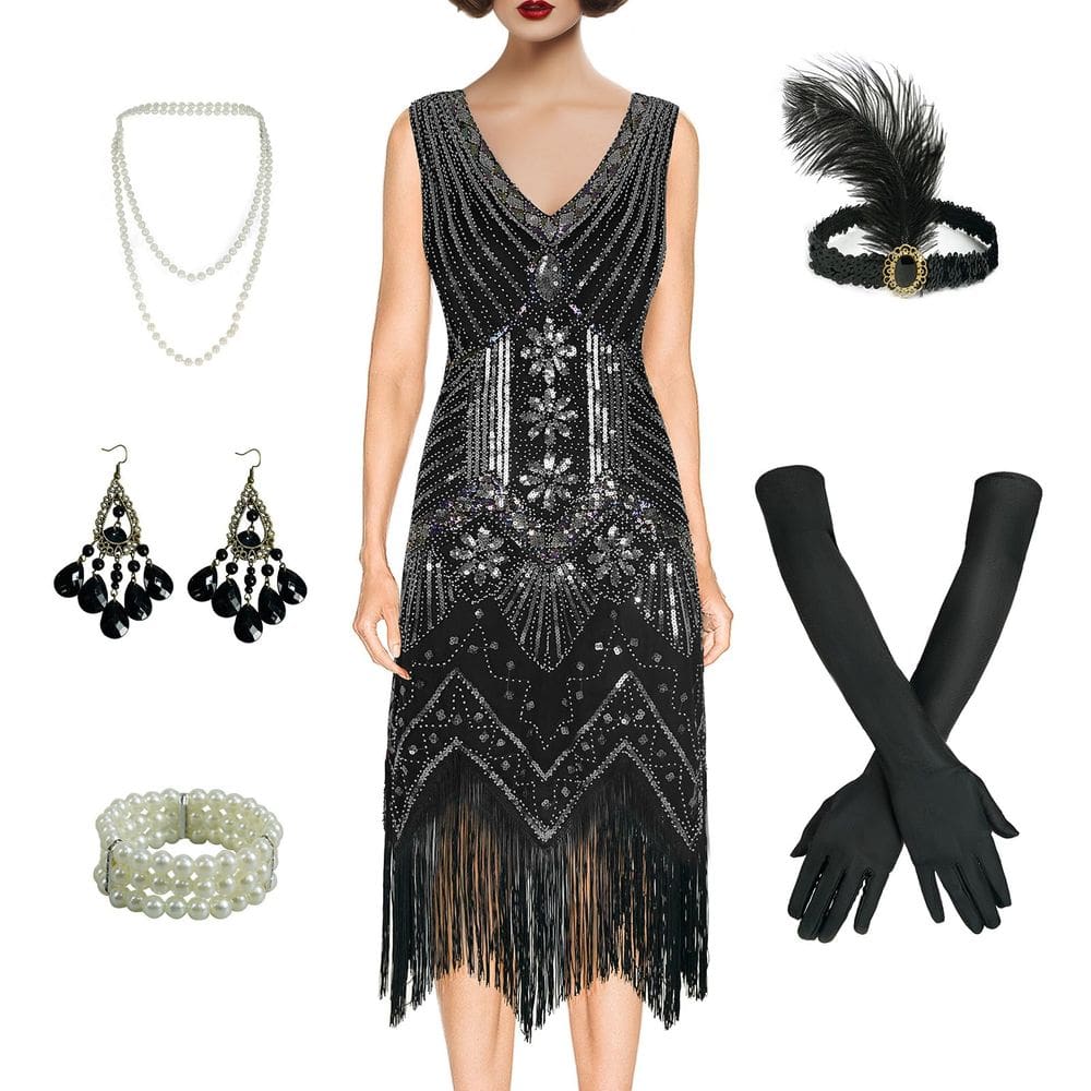 Vestido BONGZUO 1920s Flapper Vintage Lace Gatsby com acessórios