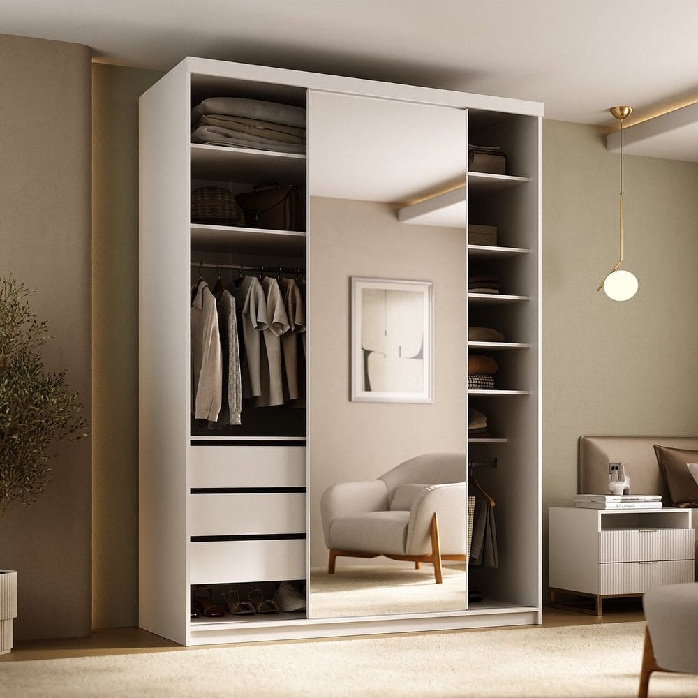 Closet Solteiro 100% Mdf 139cm com 1 Porta Espelho 3 Gavetas Sion Branco