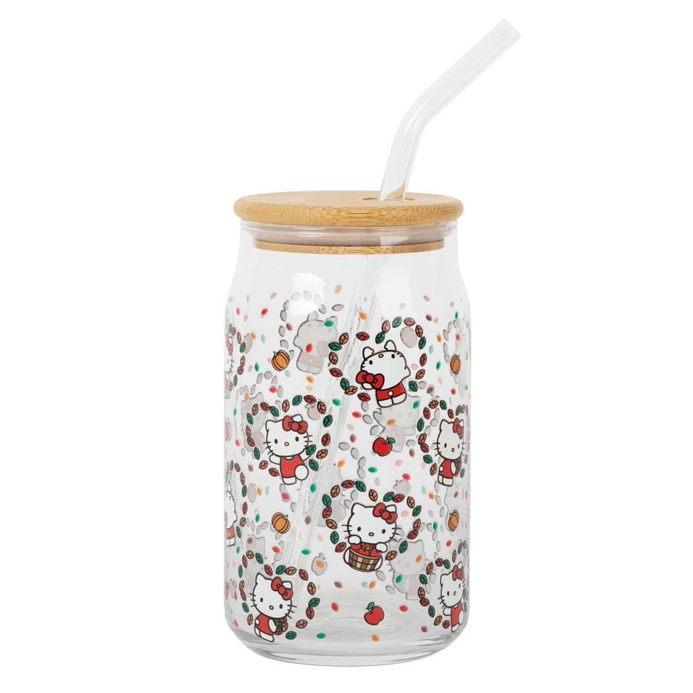 Copo de vidro Sanrio Hello Kitty Fall Leaves 480 ml com tampa