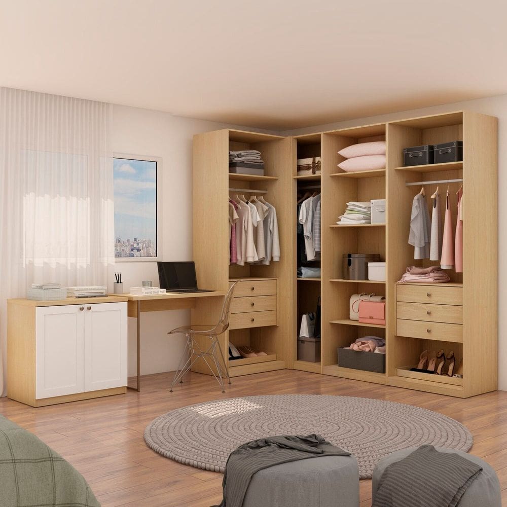 Closet para Quarto de Casal 100% Mdf 6 Módulos com Escrivaninha e Balcão 2 Portas Infinity Savana/Branco