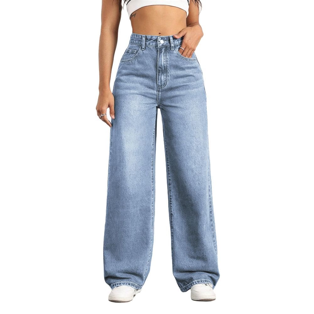 Jeans Mars Power Straight Leg High Waist para mulheres, azul claro