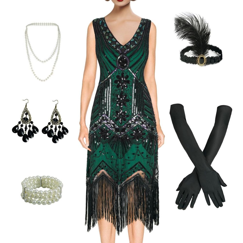 Vestido BONGZUO 1920s Flapper Vintage Lace Gatsby com acessórios