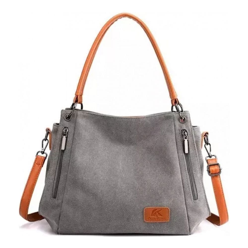 Bolsa de ombro feminina de algodão e couro marrom