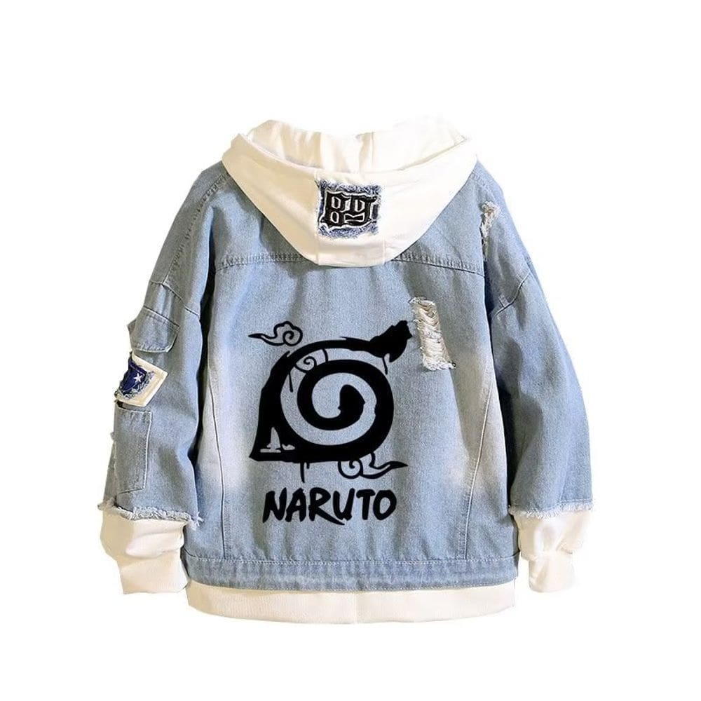 Suéter jeans com capuz e jaqueta rasgada de anime Naruto