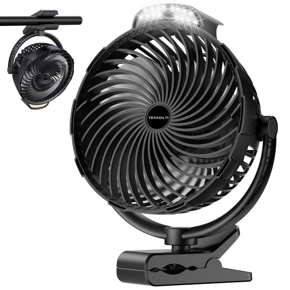 Ventilador de encaixe Tevolti 10000mAh com luz LED de 9 velocidades preta