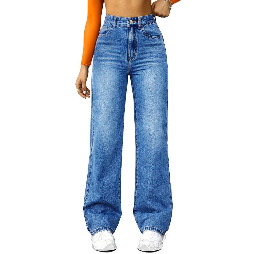 Jeans FUNUCA, perna reta, cintura alta, perna larga, para mulheres