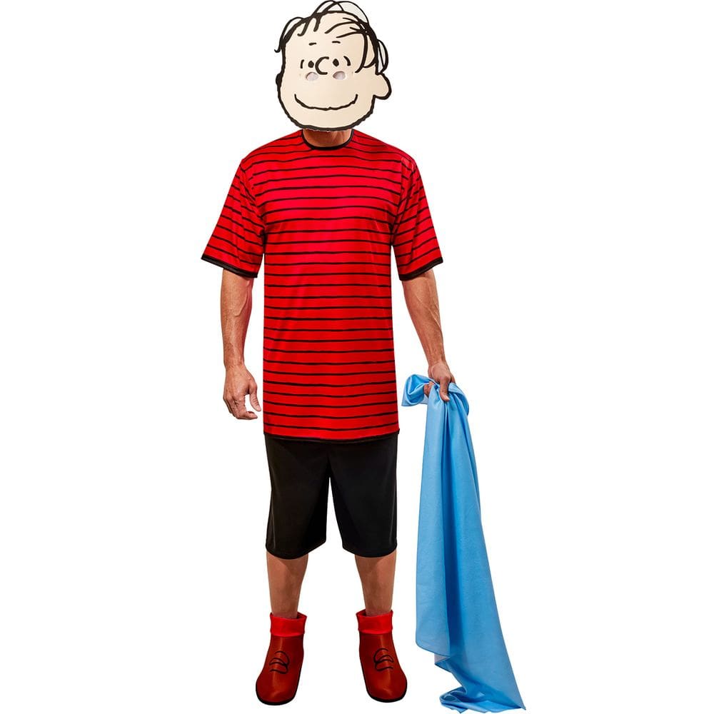 Fantasia Rubies Peanuts Linus para homens com blusa, short, máscara e cobertor