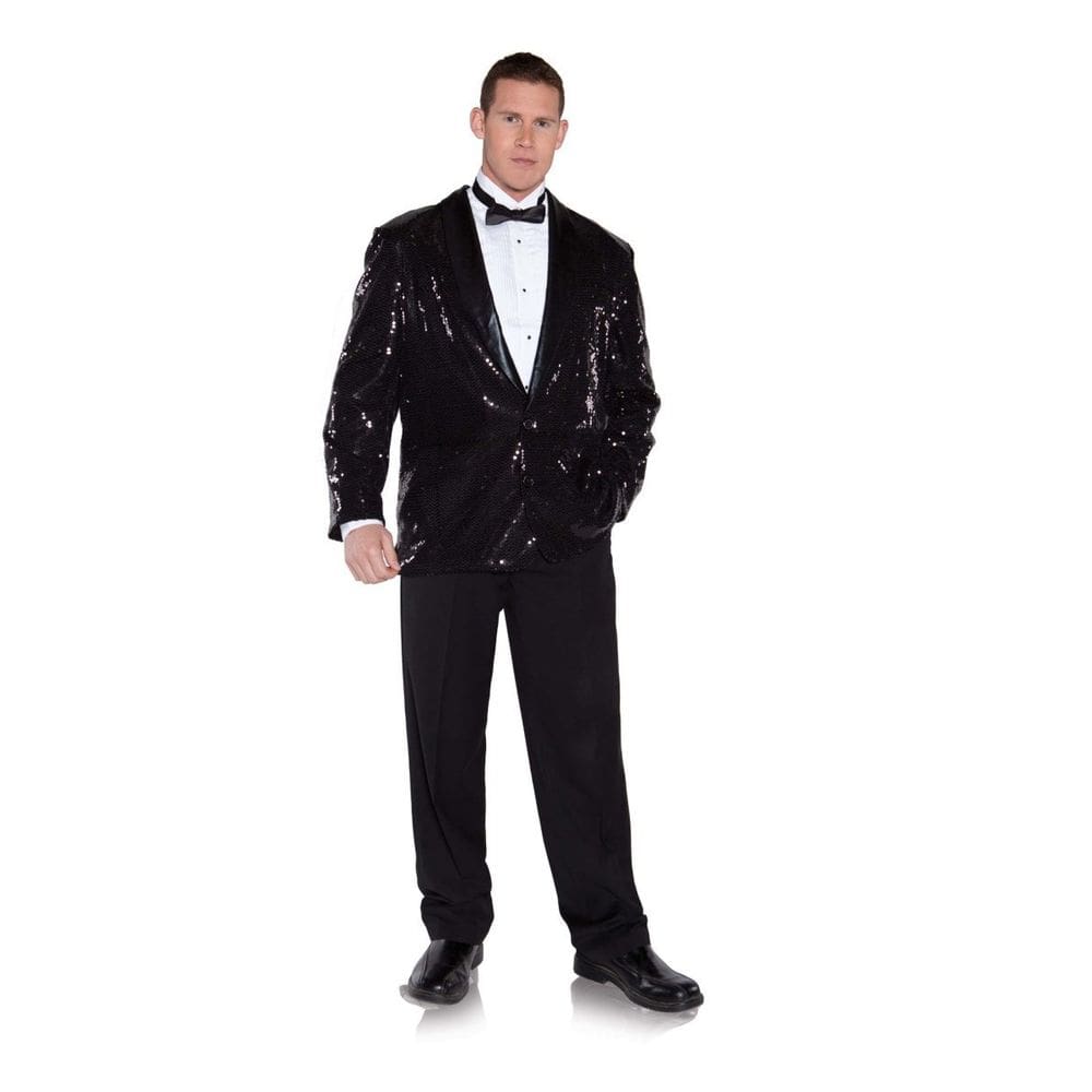 Jaqueta de lantejoulas que envolve um lindo smoking masculino