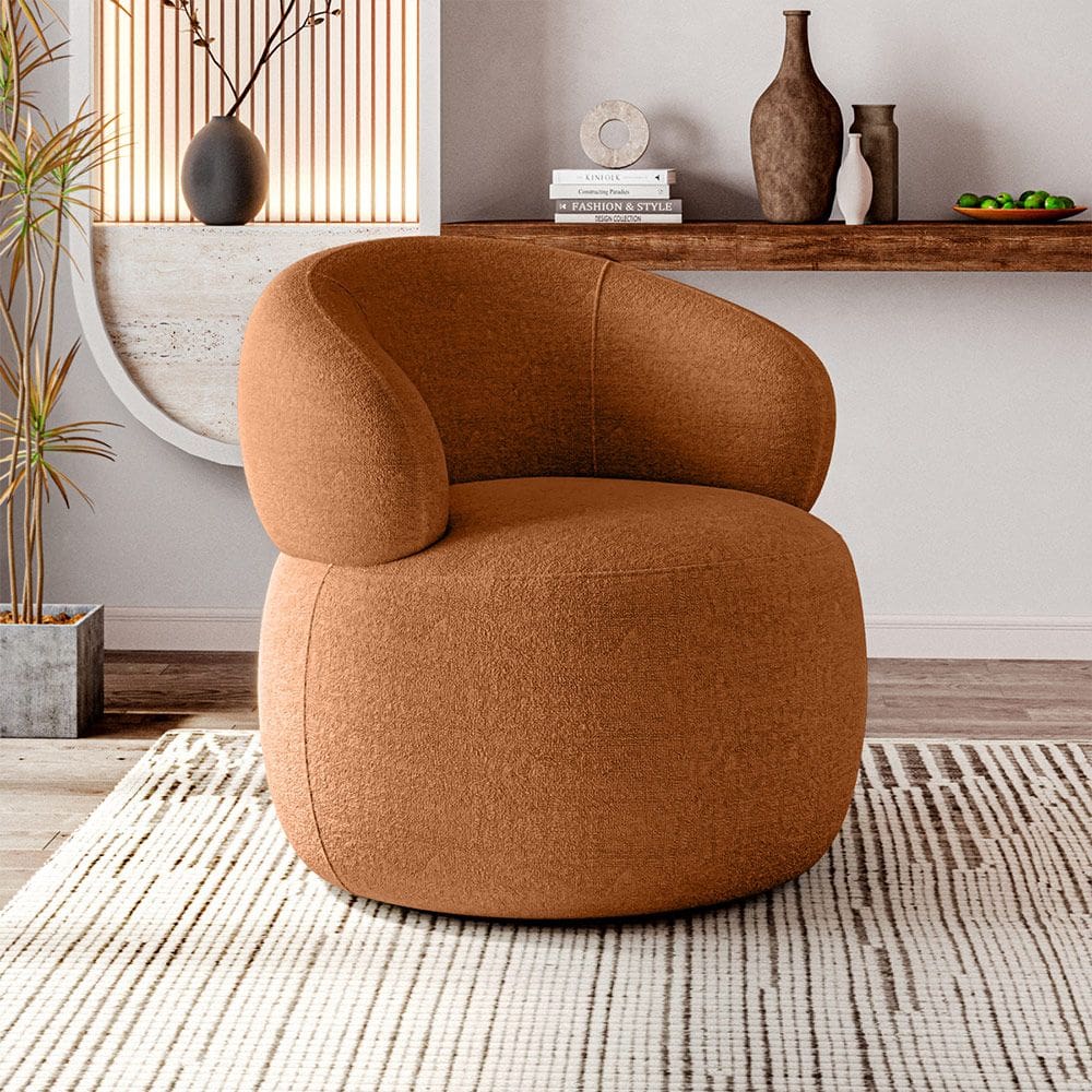 Poltrona Design Orgânico Moderno e Sofisticado Eloah Base Giratória Bouclé Italiano Terracota
