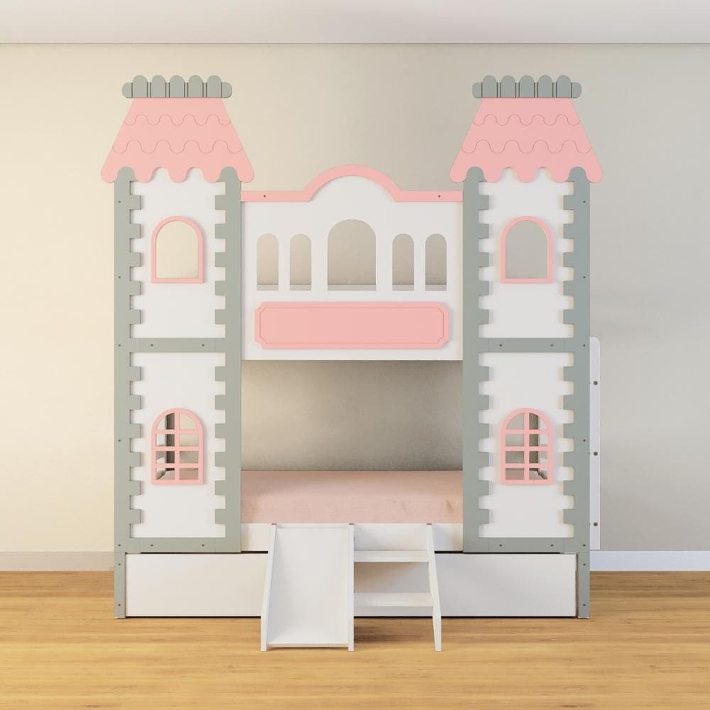 Treliche Castelo Encantado com Kit Escada/Escorregador - Madeira Maciça Branco/Cinza/Rosa | Housin
