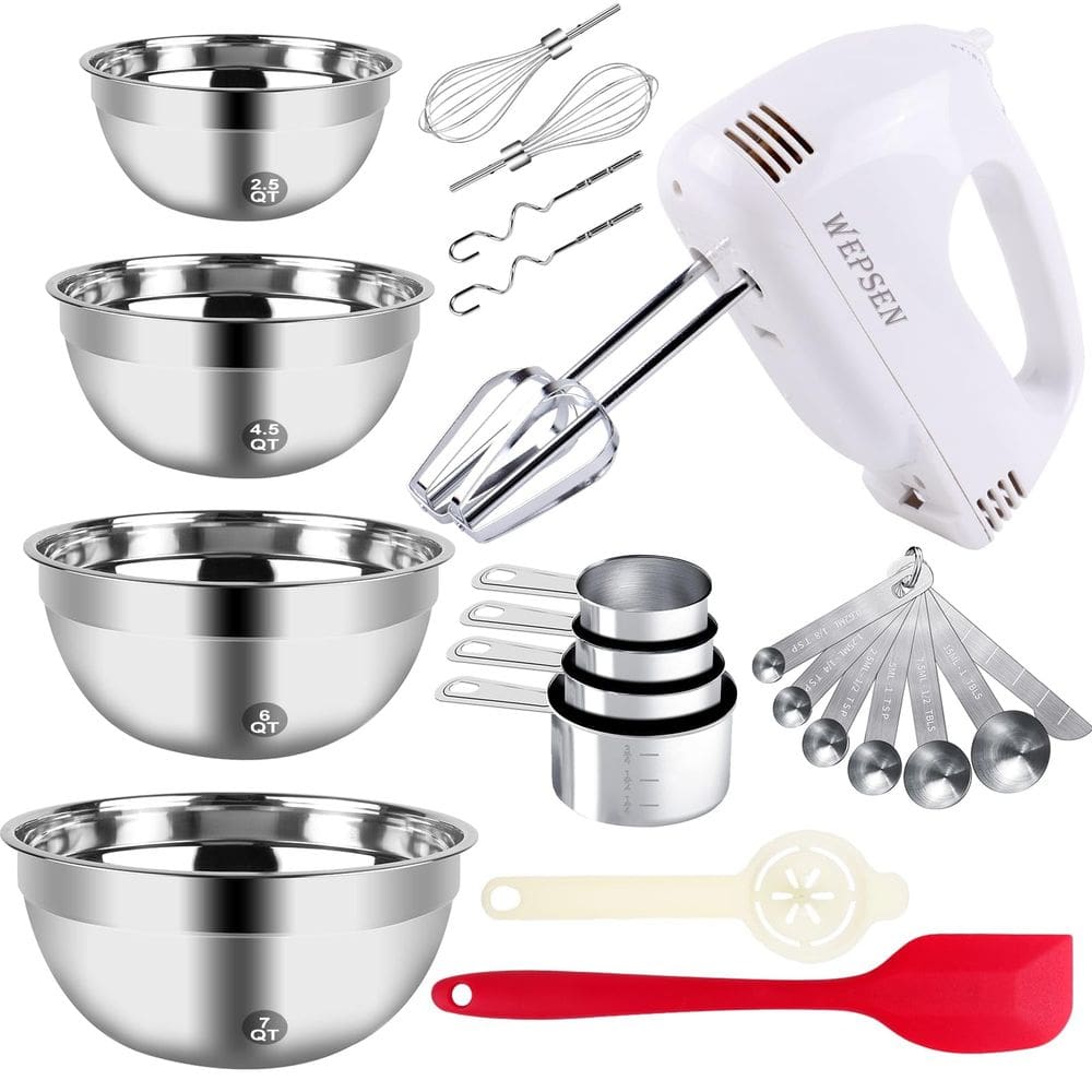 Misturador manual WEPSEN de 5 velocidades com 4 taças de mistura, conjunto de aço inoxidável