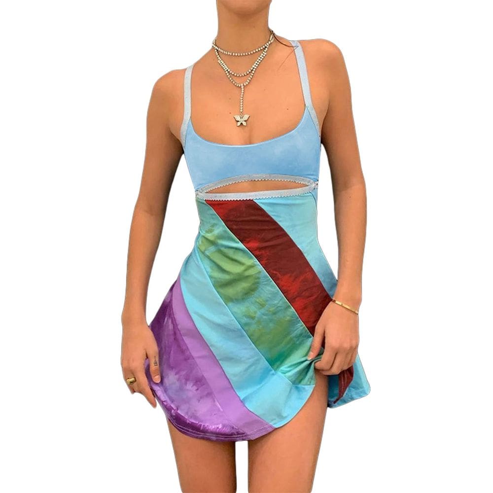 Vestido fyclemt Patchwork Sexy Mini Dress Y2K sem mangas azul