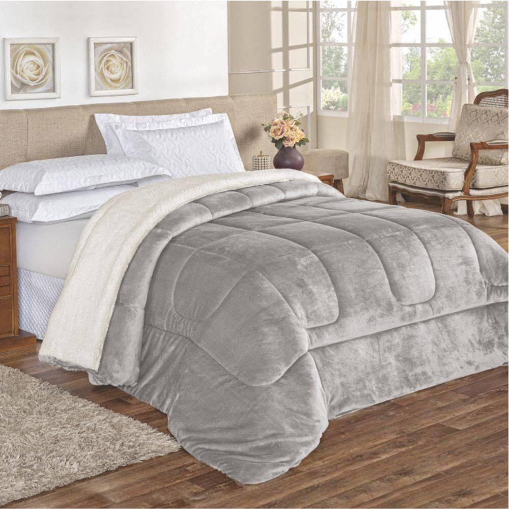 Edredom Insinuante Solteiro Dupla Face Sherpa Toque Lã Cinza