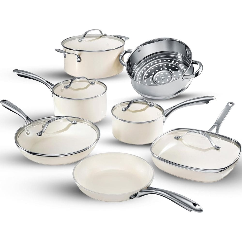 Conjunto de utensílios de cozinha antiaderente de cerâmica Gotham Steel de 12 peças com sistema de vaporização