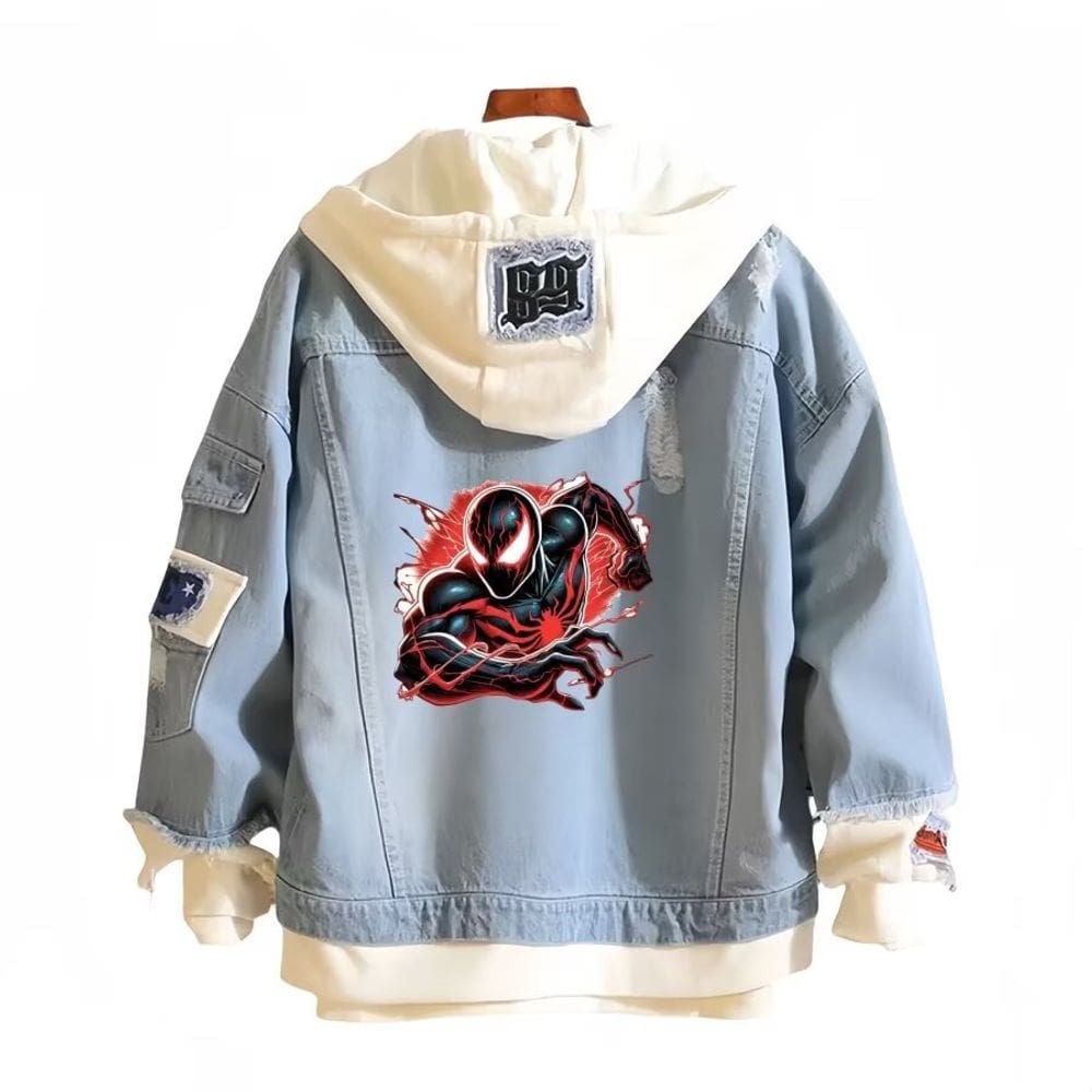 Jaqueta jeans casual com impressão digital Marvel Black Spiderman