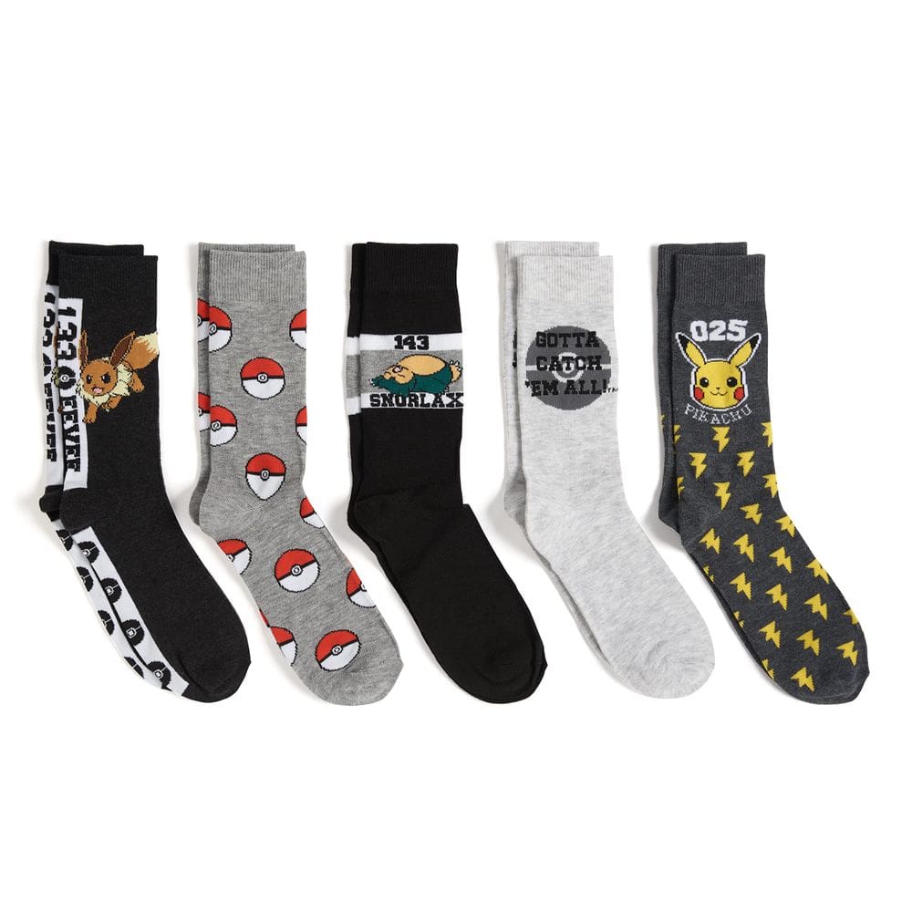 Meias Pokémon Crew Casual, pacote com 5, para homens, variadas em cinza