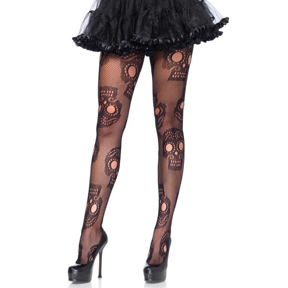 Meia-calça Leg Avenue Skull Fishnet Sugar Skull Print 1X-2X para mulheres