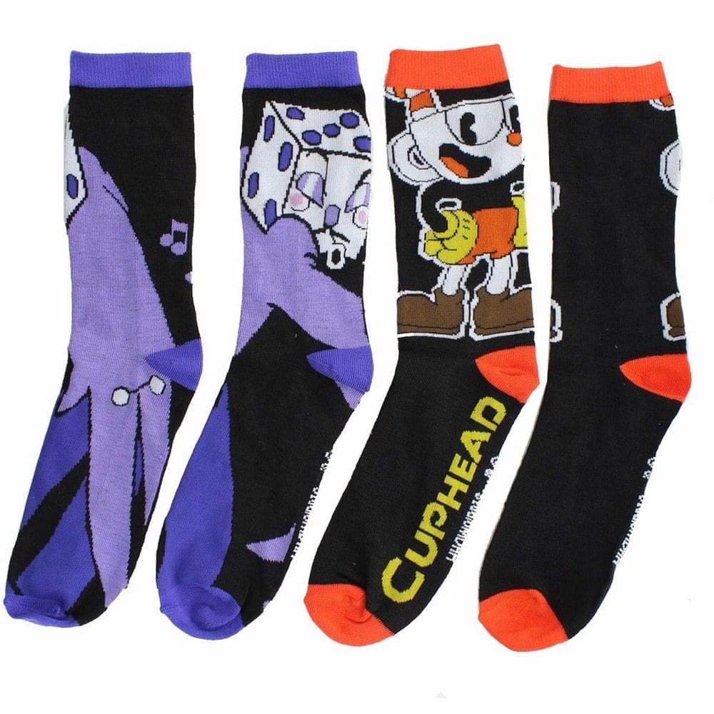 Meias masculinas Cuphead Crew, pacote com 2 unidades, Cuphead e King Dice, vermelhas e azuis