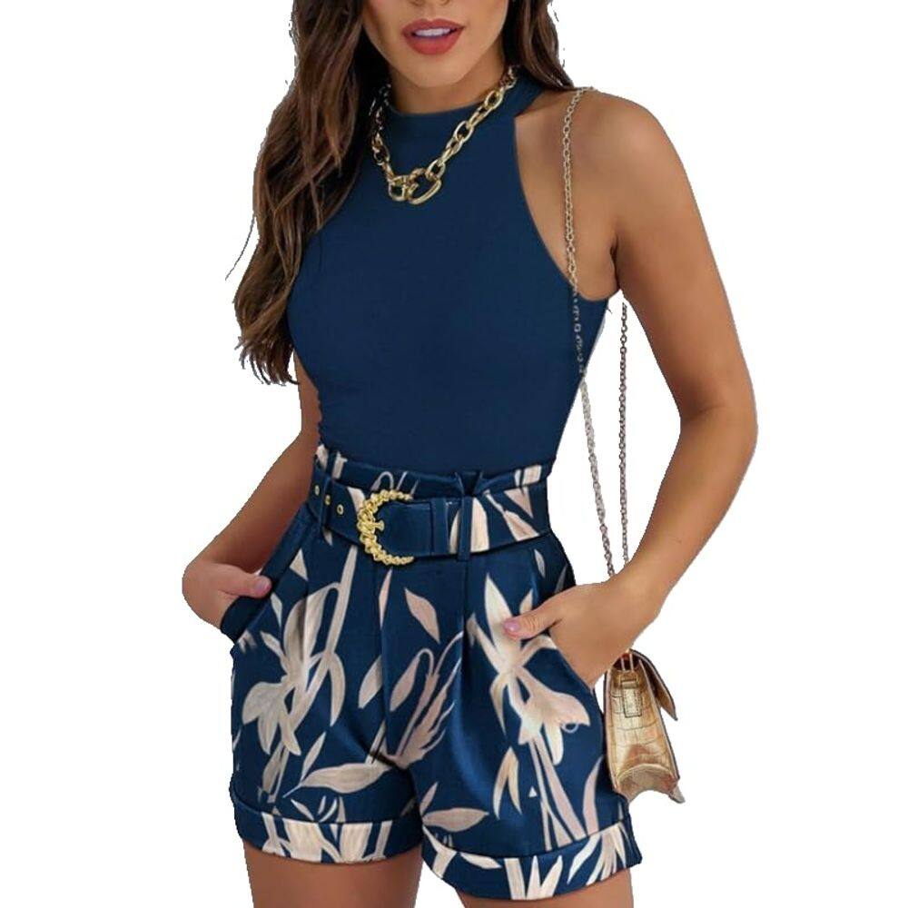 Conjunto de shorts femininos de verão Slim Fit TOVPAO azul marinho