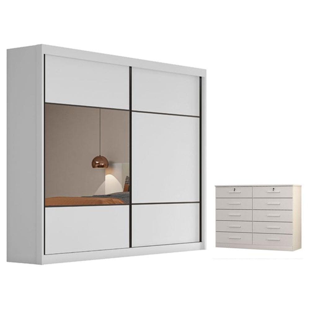 Guarda Roupa Casal Belmonte com Espelho e Gaveteiro Milão com Chave Neve - Novo Horizonte