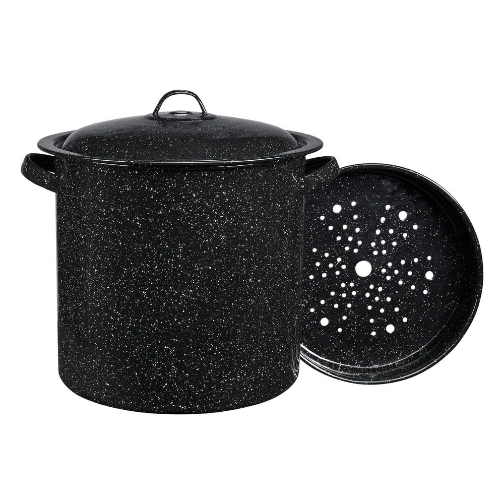 Panela Steamer Pot Granite Ware de 15,5 L com prateleira e utensílios de cozinha de porcelana preta