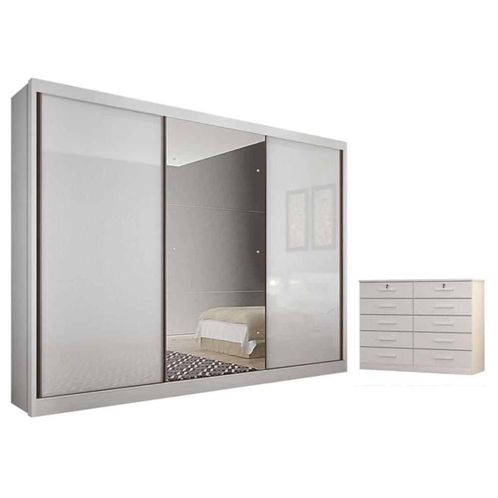 Guarda Roupa Casal Sonetto com Espelho e Gaveteiro Milão com Chave Neve - Novo Horizonte