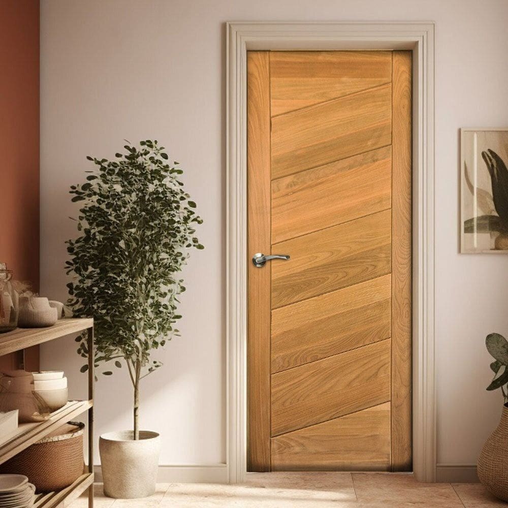 Porta de Madeira Maciça Tauari 210x62x3,3 Réguas Diagonais Jomadi Natural