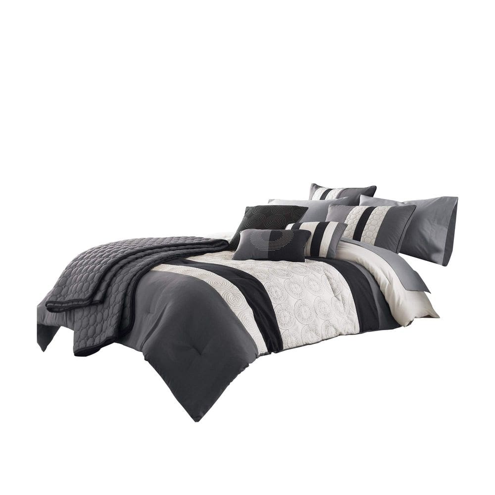 Conjunto de roupa de cama Benzara, 7 peças, edredom de algodão Queen, cinza, preto
