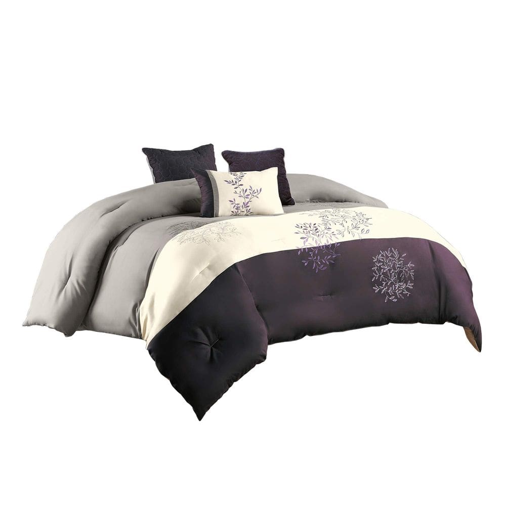 Conjunto de cama Benzara Queen, edredom de poliéster de 7 peças, roxo