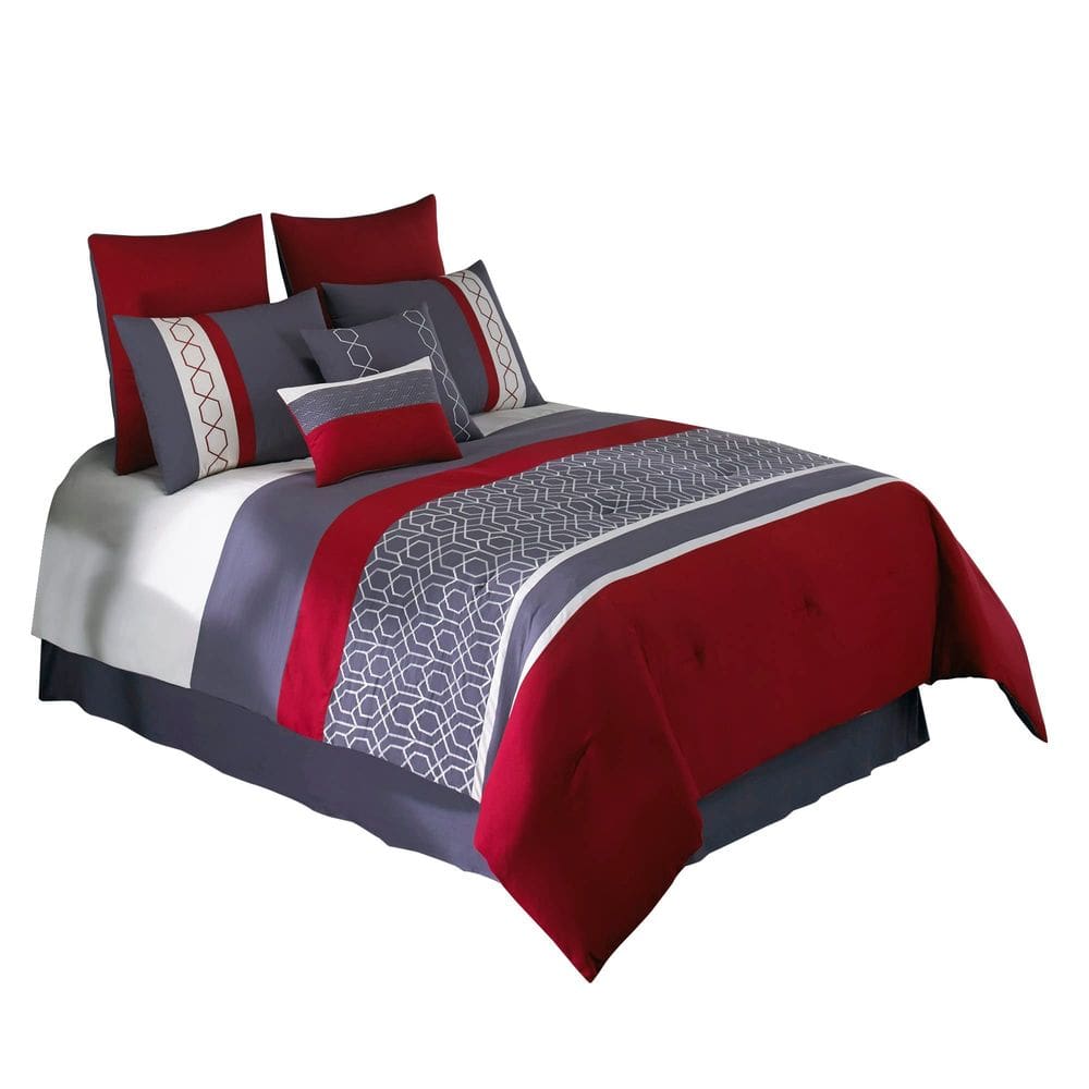 Conjunto de roupa de cama Benzara King, edredom, 8 peças, estampado em vermelho