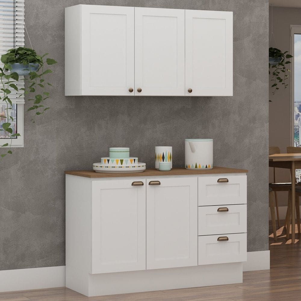 Armário Aéreo e Balcão 120cm 100% Mdf Estilo Americano com Tampo Provençal Branco/Ébano