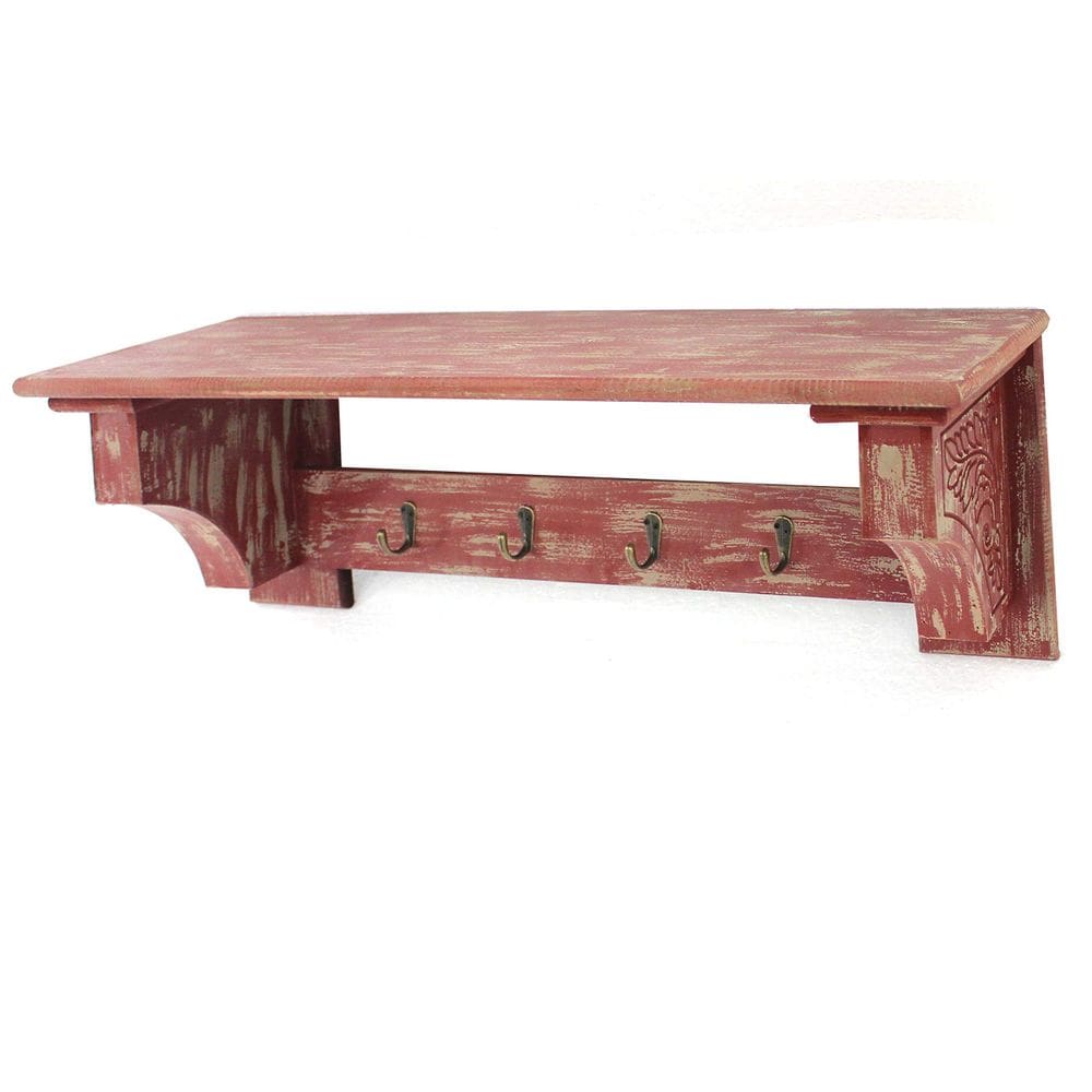 Prateleira de parede de madeira Benzara 76x20x25 cm 4 ganchos vermelhos