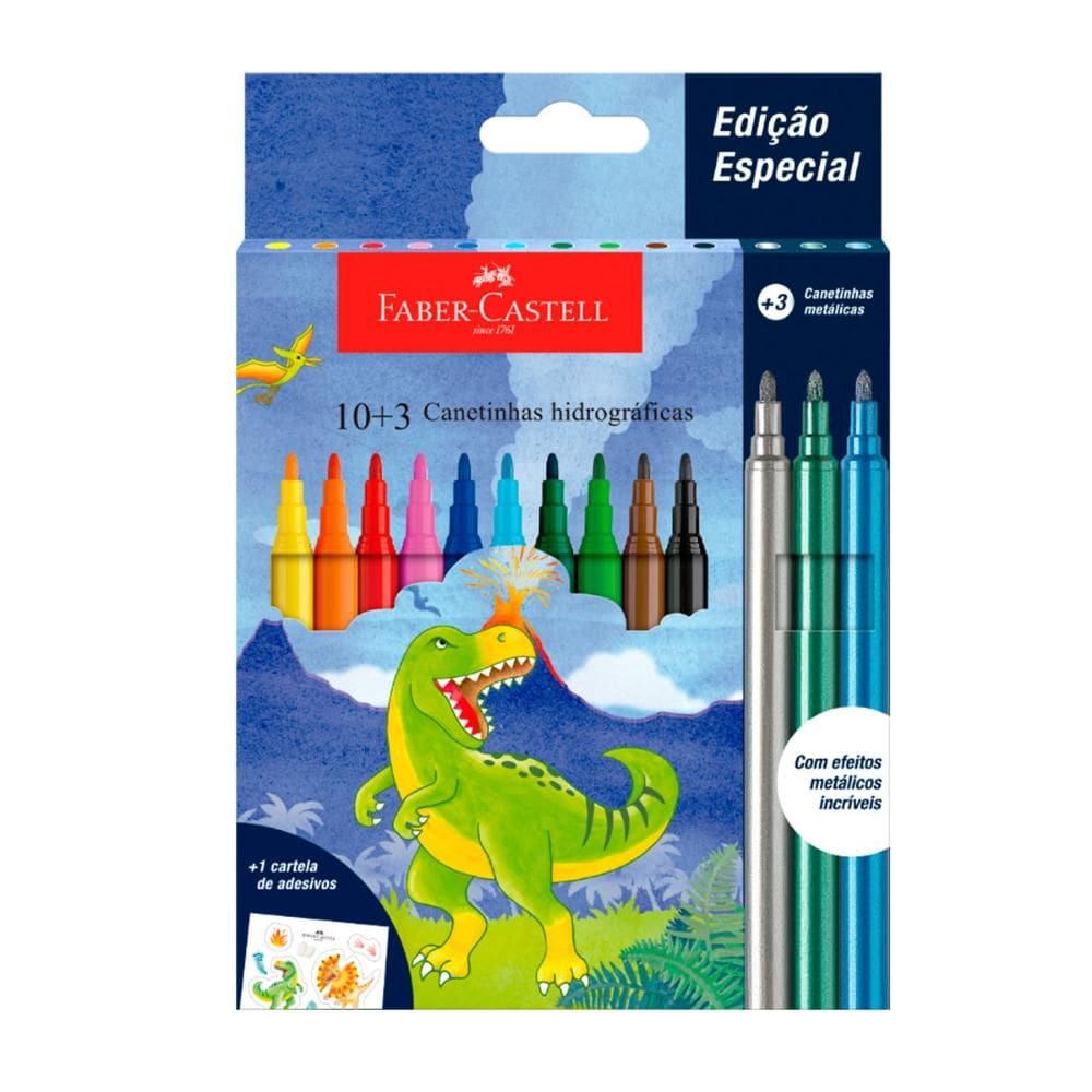 Caneta hidrográfica Dinossauro 10 cores + 3 Faber-Castell