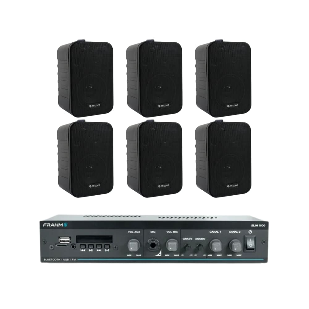 Kit Amplificador Frahm Slim 1600 G5 + 6 Caixas Acústicas ENC70 Encore
