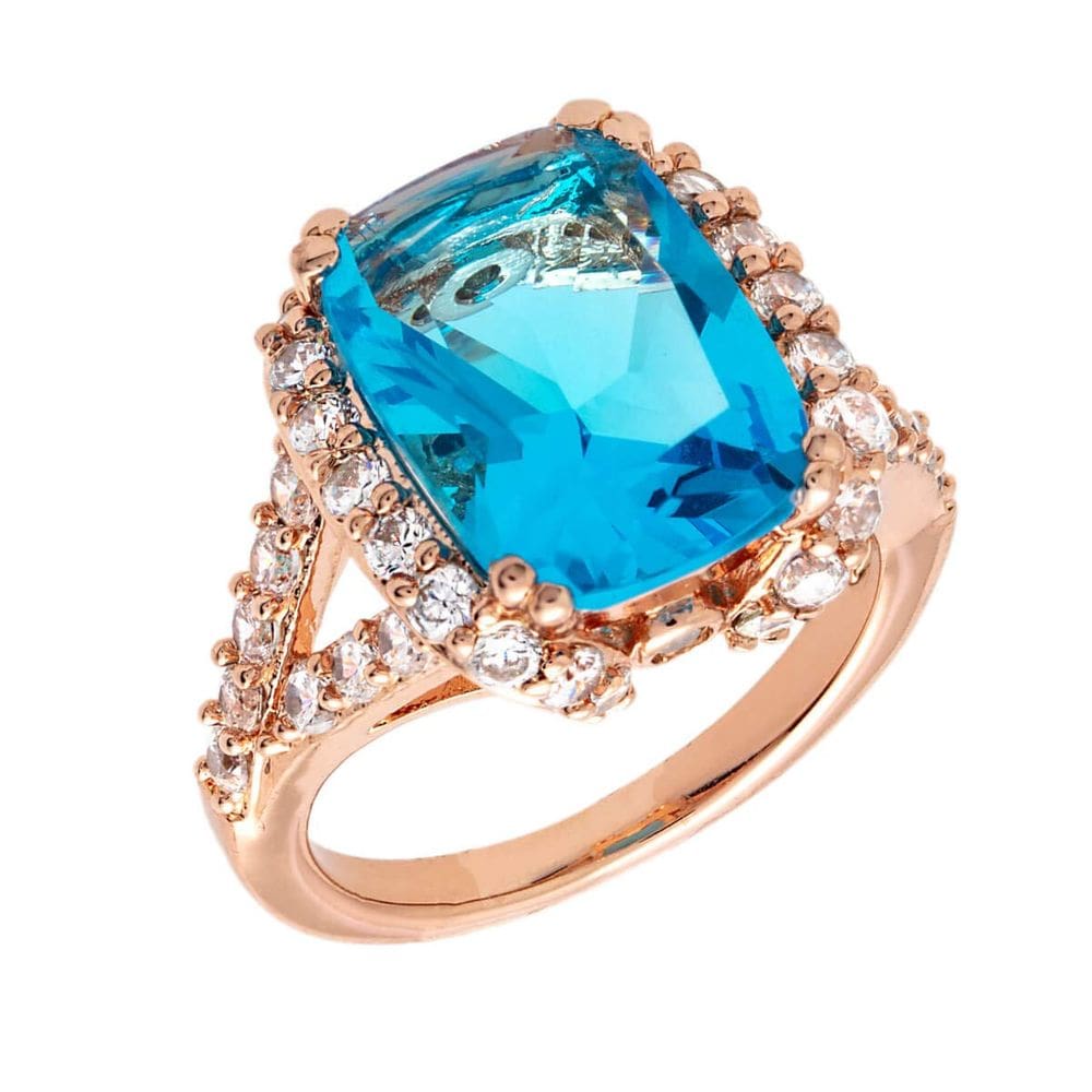 Anel BERTHA Juliet, banhado a ouro rosa 18k, azul CZ, tamanho 7