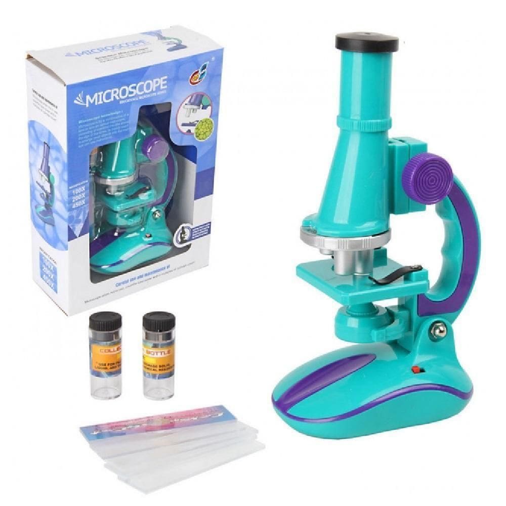 Microscópio Infantil Educacional Completo Ciências Laboratório Luz Led 100x 200x 450x Escolar Verde