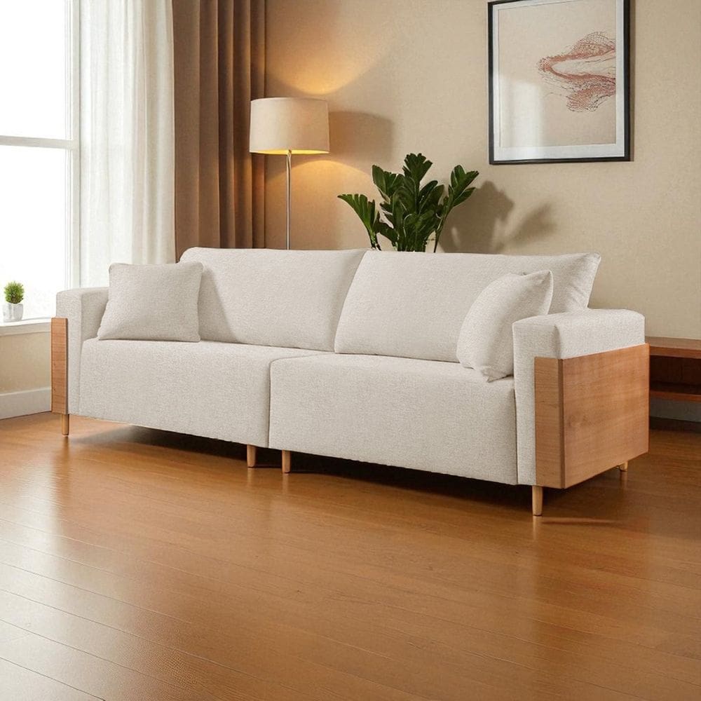 Sofá Fixo Heitor 3 Lugares Luxo Pé de Madeira 1,80m Castellar Móbile Linho Bege Claro