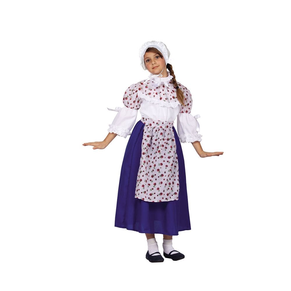 Vestido de beleza colonial RG Costumes com avental e capô médio