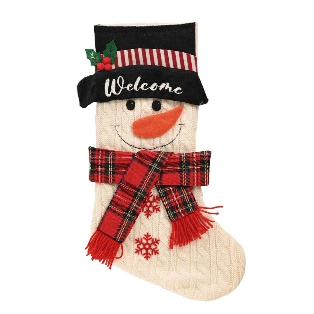 Meia Natalina Pelúcia Tricô Boneco De Neve Cachecol Xadrez 46cm - Magizi