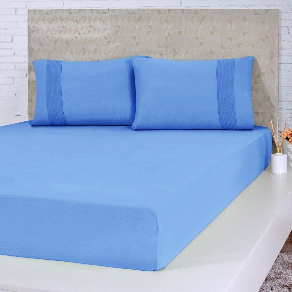 Lençol Queen Bella Cama Malha 100% Algodão 158x198x35 Azul