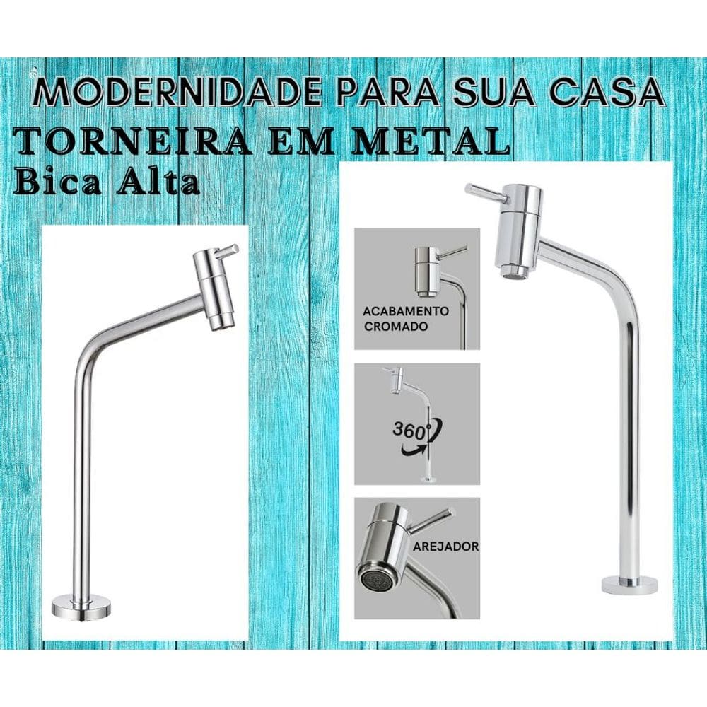 Torneira Cromada Inox Com Bica Alta - De Sobrepor Em Bancada e Mesa F133