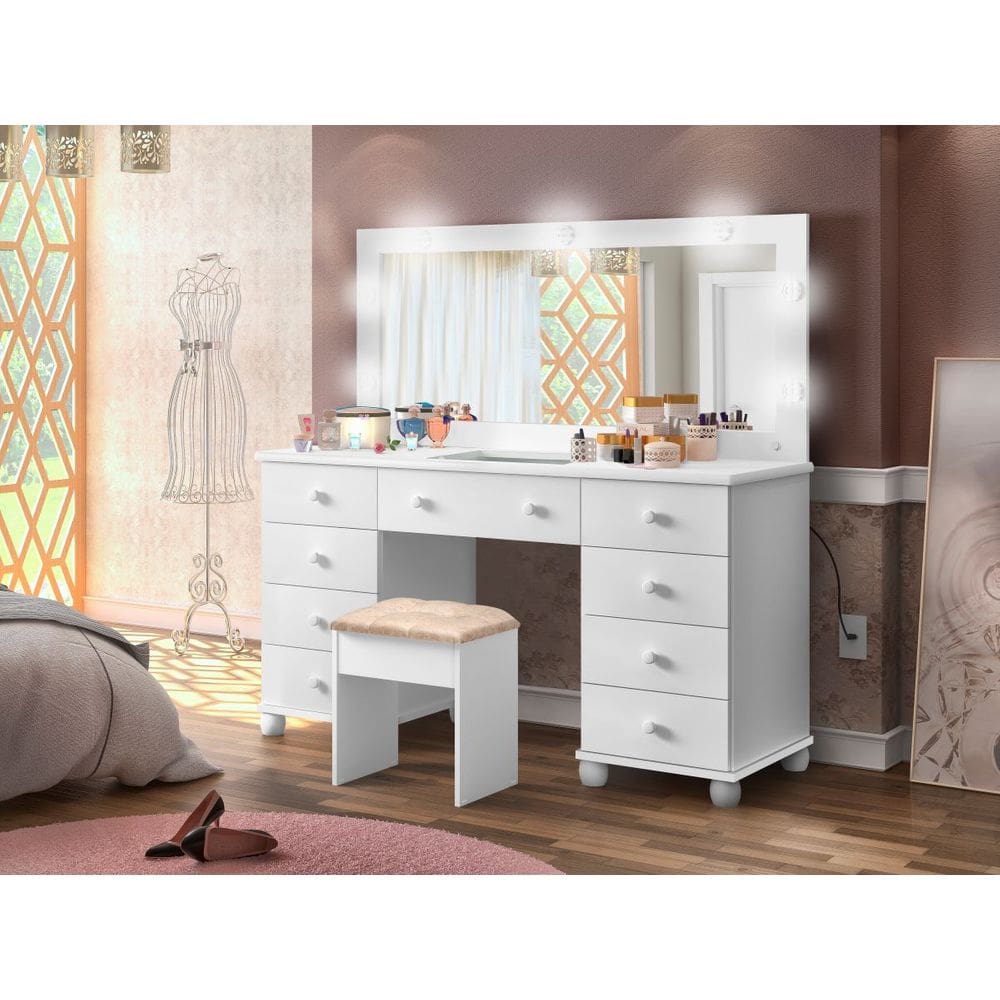 Penteadeira Camarim 9 Gavetas Com Iuminação Led E Espelho e Banqueta