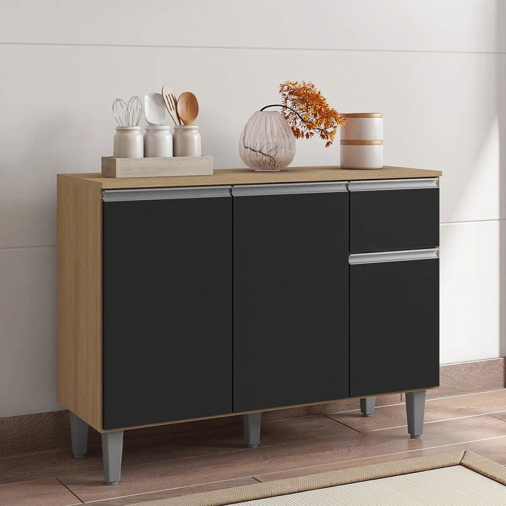 Gabinete de Cozinha Vanessa Amêndoa/Preto C/Tampo 3 Portas 1 Gaveta - AJL Móveis