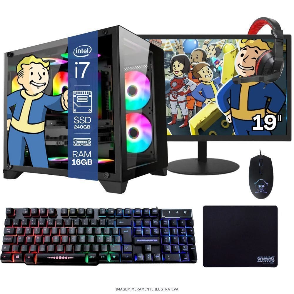 Computador Pc Gamer Completo Tob Intel Core I7 Ssd 240Gb 16Gb Gabinete Aquário Teclado Mouse Mouse Pad E Headset Gamer Monitor 19” Windows 10 Pro Tria