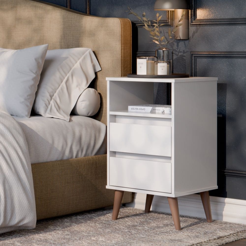 Mesa de Cabeceira Retro Roma 2 Gavetas Branco EJ Móveis