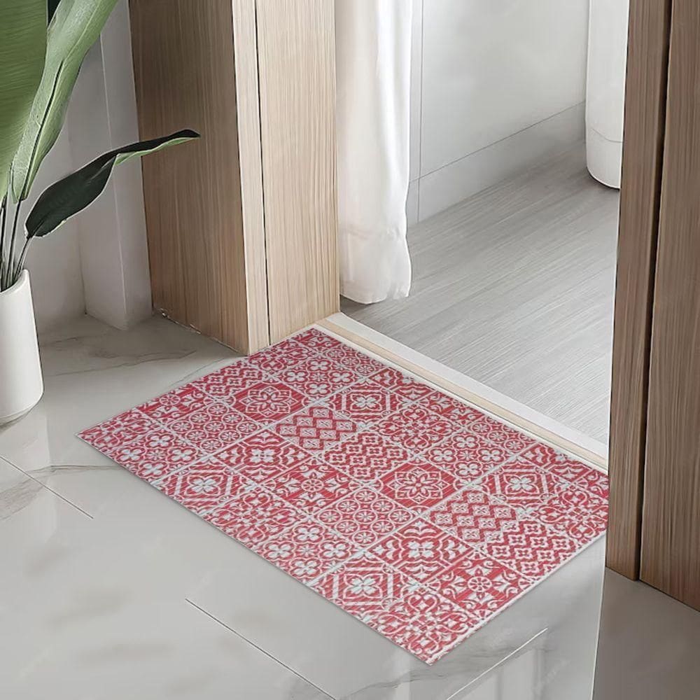 Tapete Passadeira Capacho Emborrachada Antiderrap. 0,65x1,00 Azulejo Vermelho Branco