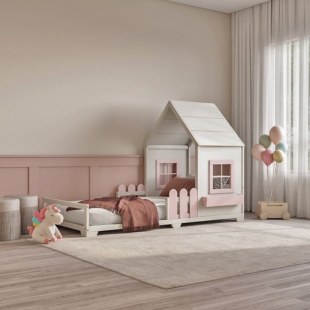 Cama Infantil Montessoriana Solteiro Mariana Limonada Rosa/Branco