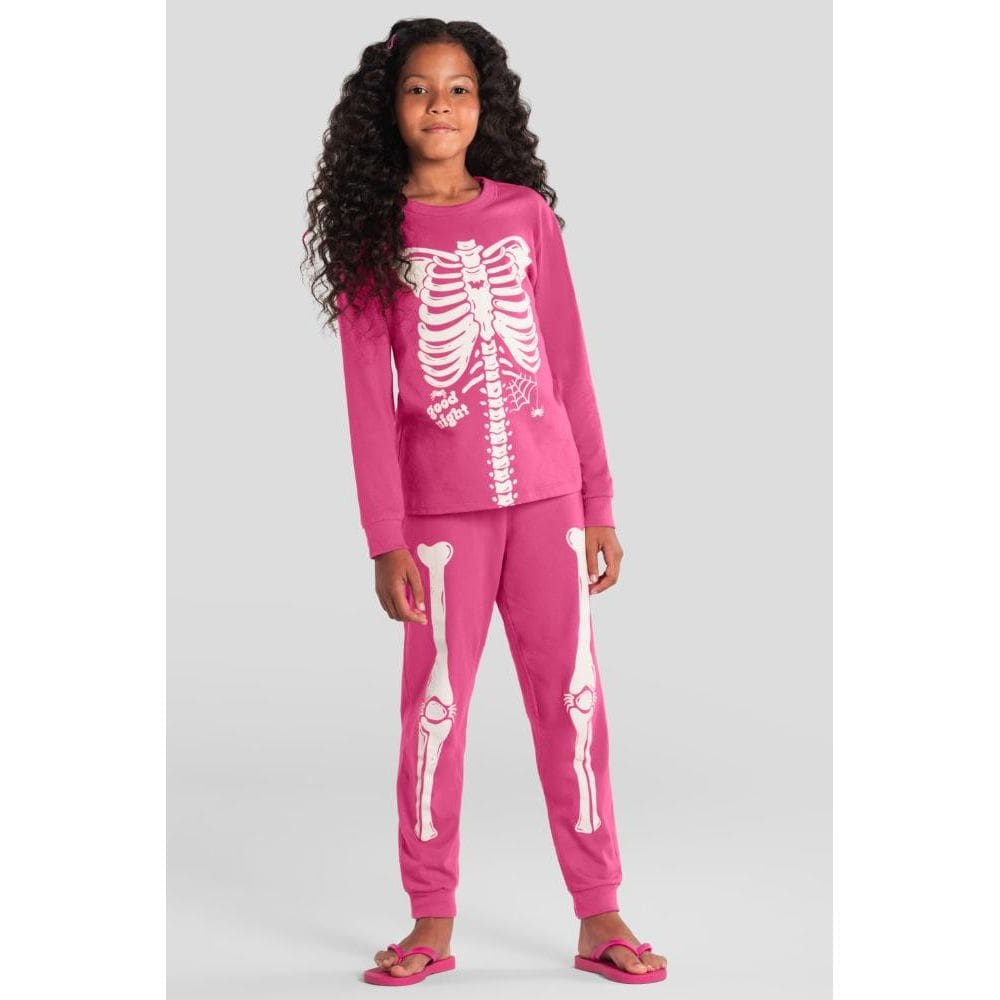 Pijama infantil menina de esqueleto brilha no escuro Brandili